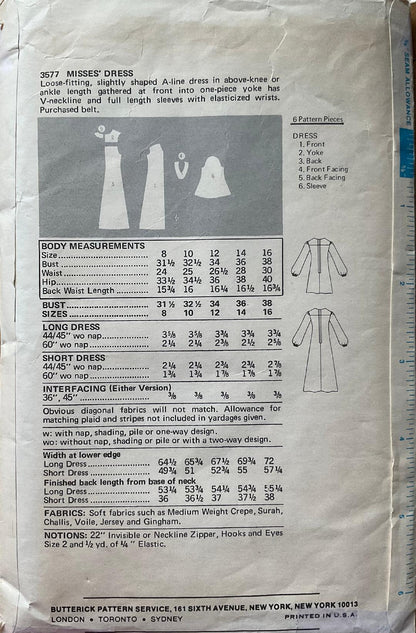Butterick 3577 Sewing Pattern (Vintage) UNCUT