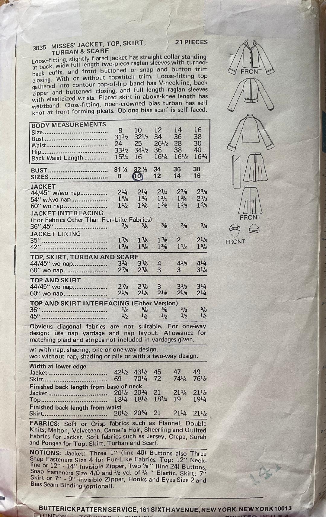 Butterick 3835 Sewing Pattern (Vintage) CUT