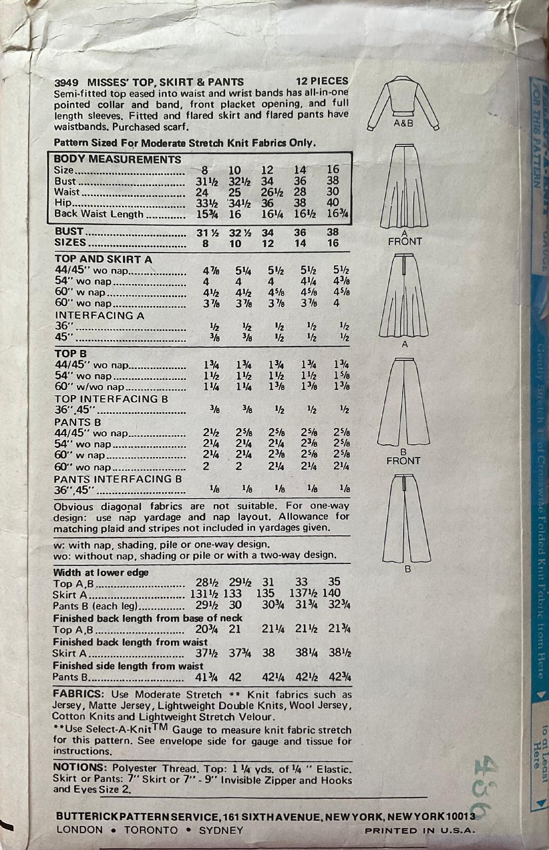 Butterick 3949 Sewing Pattern (Vintage) UNCUT