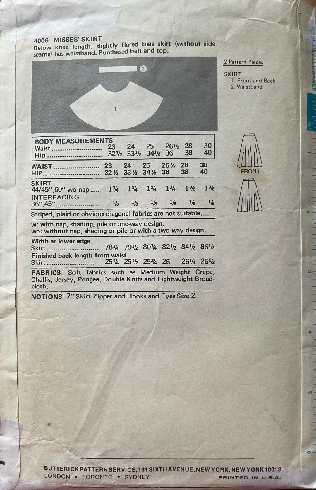 Butterick 4006 Sewing Pattern (Vintage) CUT