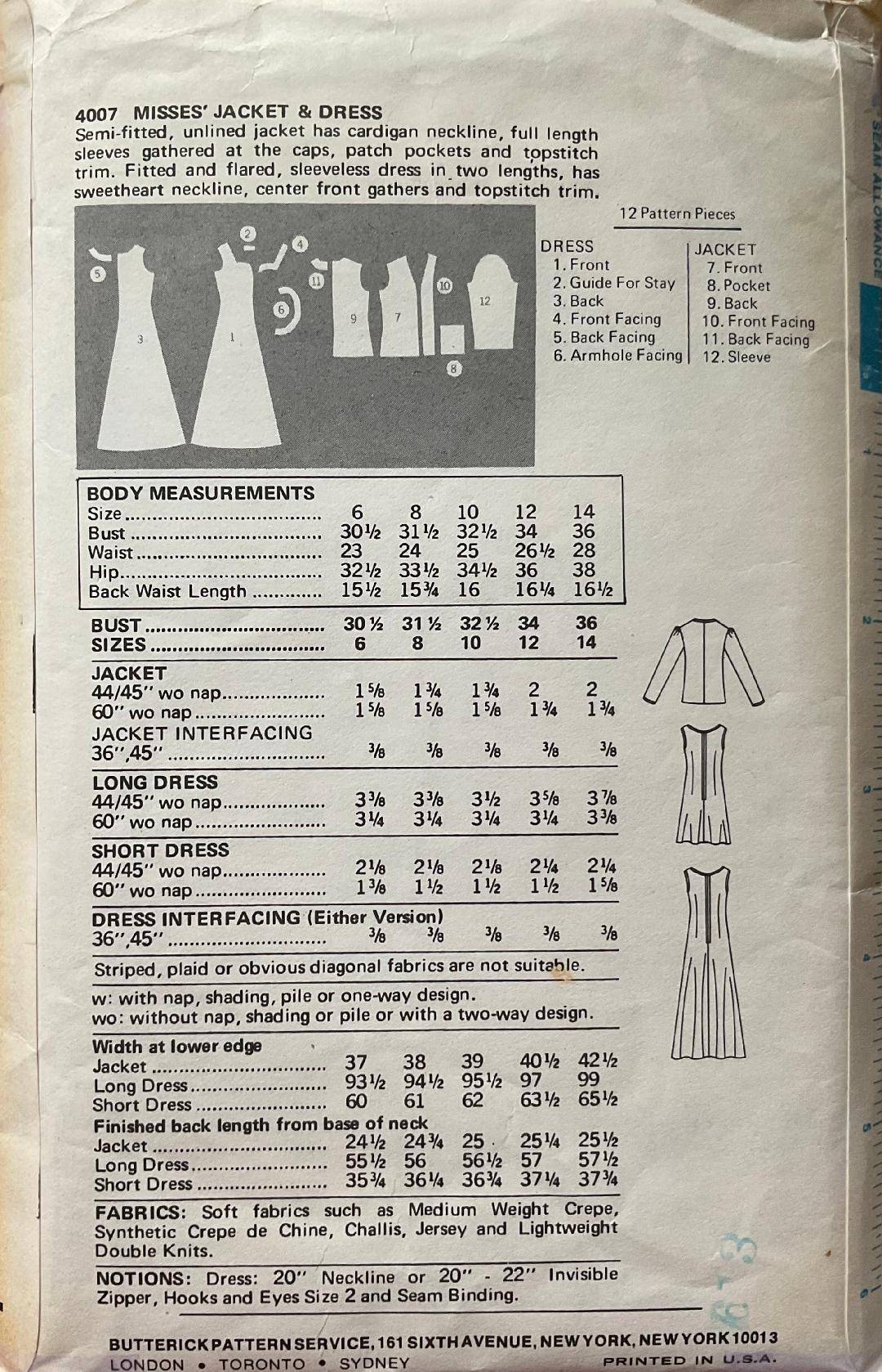 Butterick 4007 Sewing Pattern (Vintage) CUT