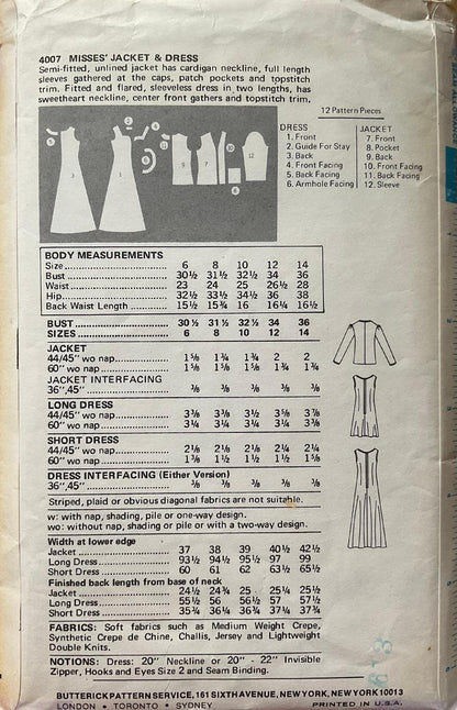 Butterick 4007 Sewing Pattern (Vintage) CUT