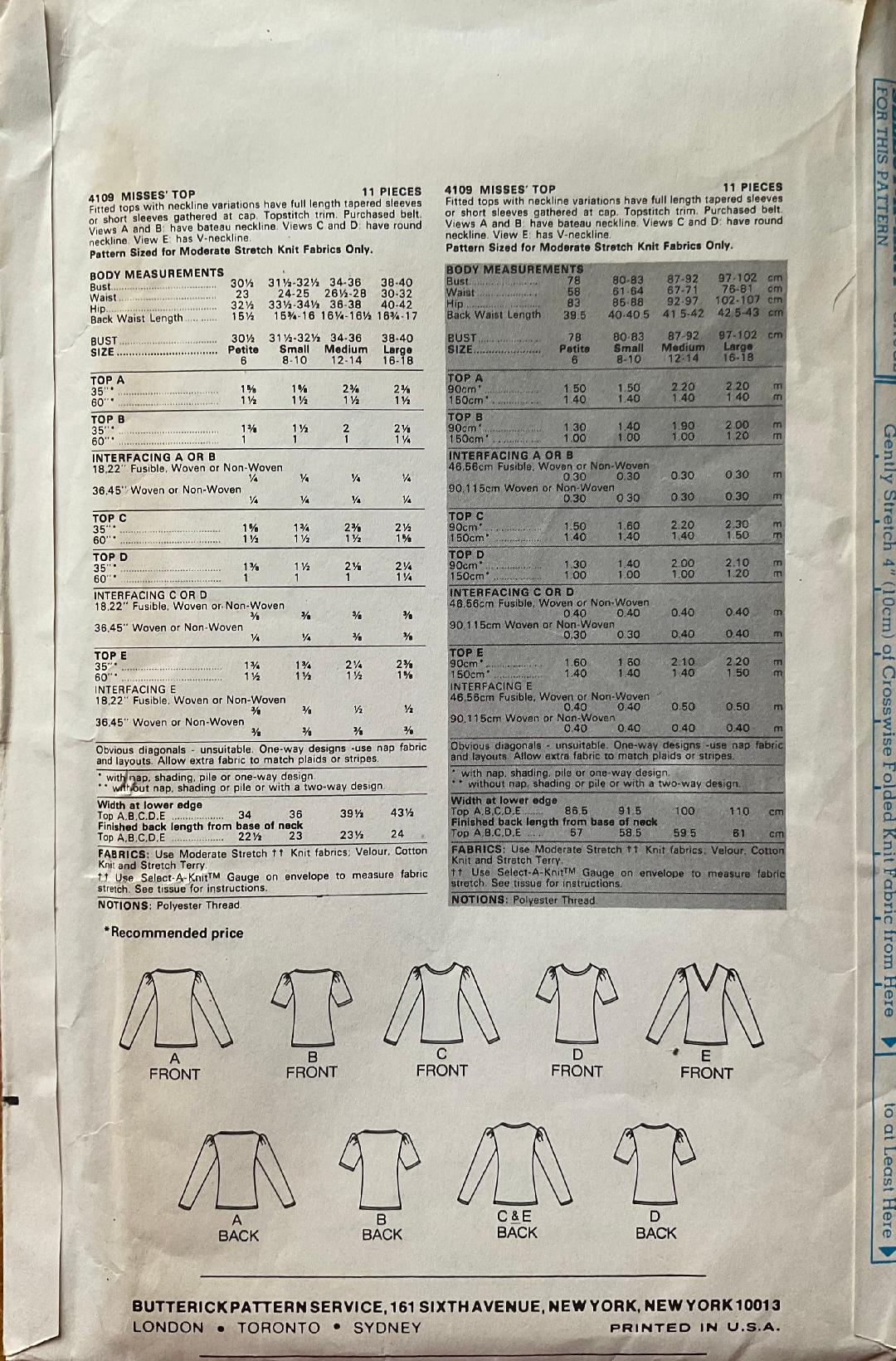 Butterick 4109 Sewing Pattern (Vintage) UNCUT
