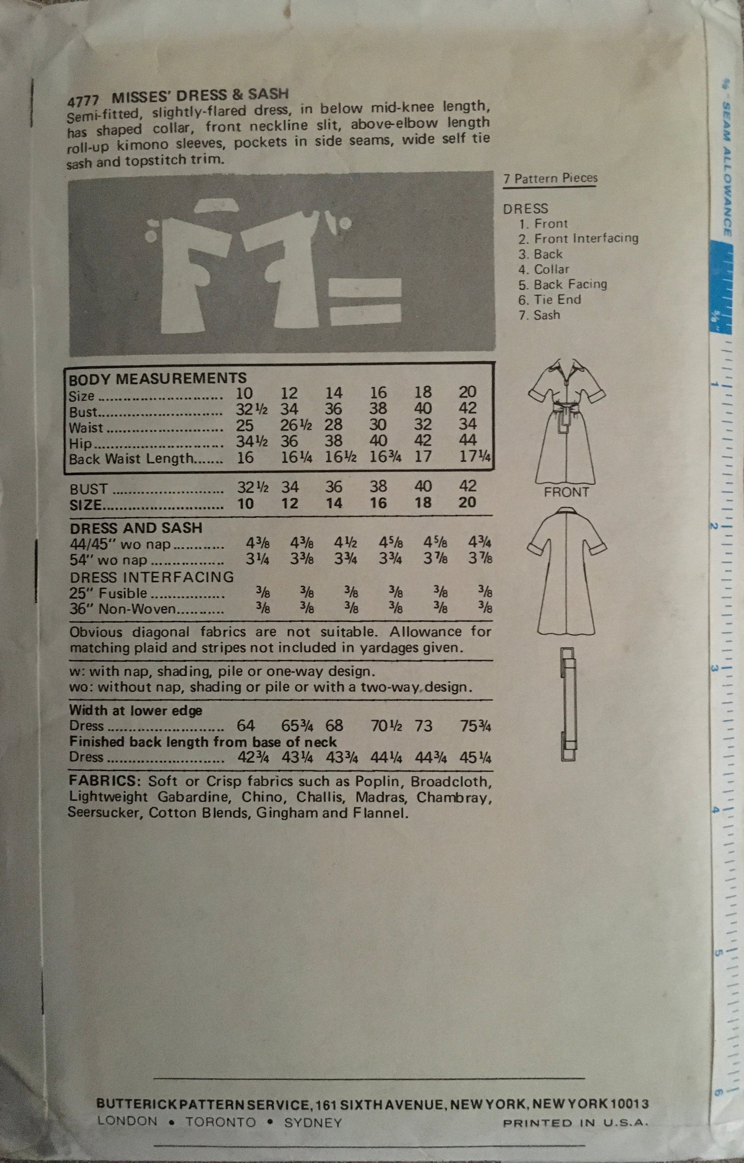 Butterick 4777 Sewing Pattern (Vintage) CUT