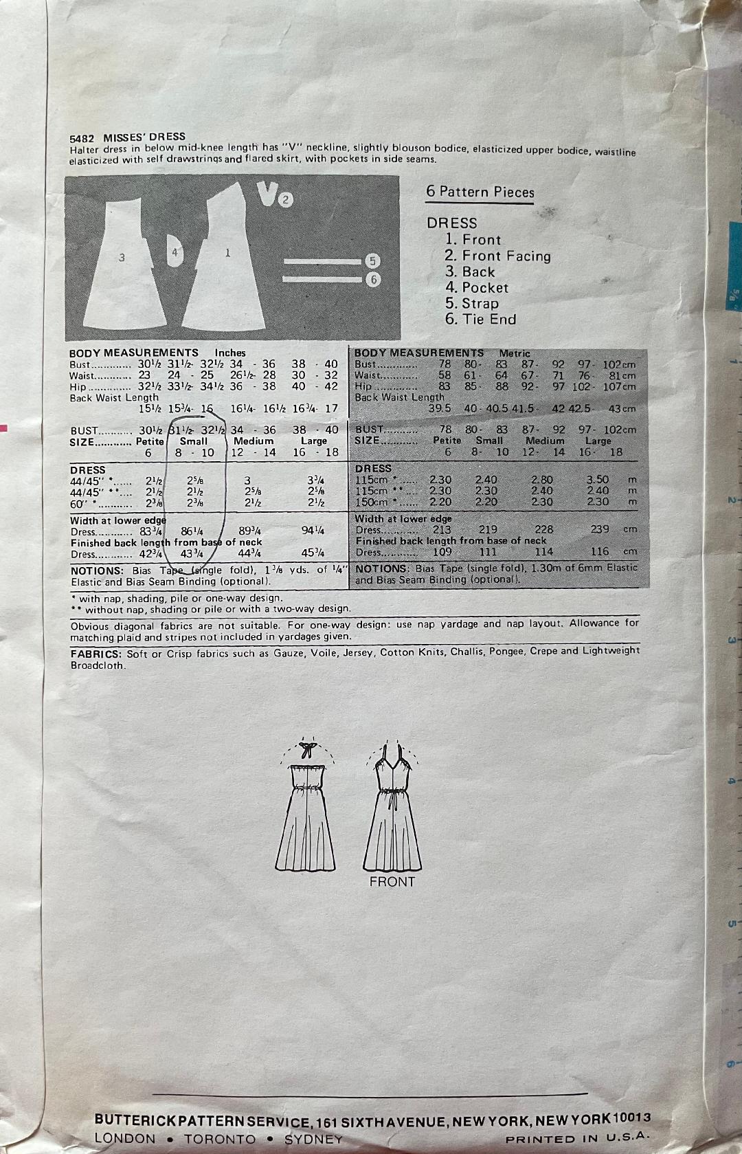 Butterick 5482 Sewing Pattern (Vintage) CUT