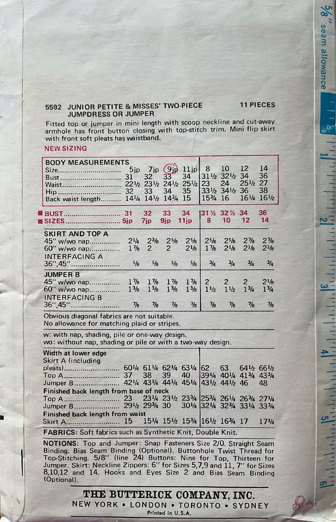 Butterick 5592 Sewing Pattern (Vintage) CUT