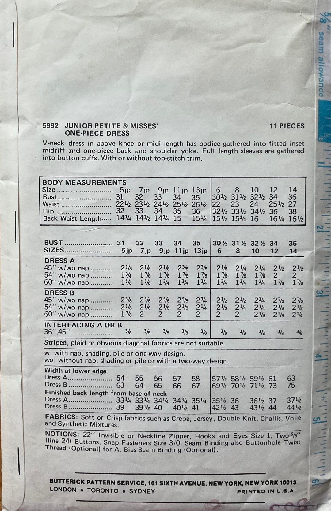 Butterick 5992 Sewing Pattern (Vintage) CUT