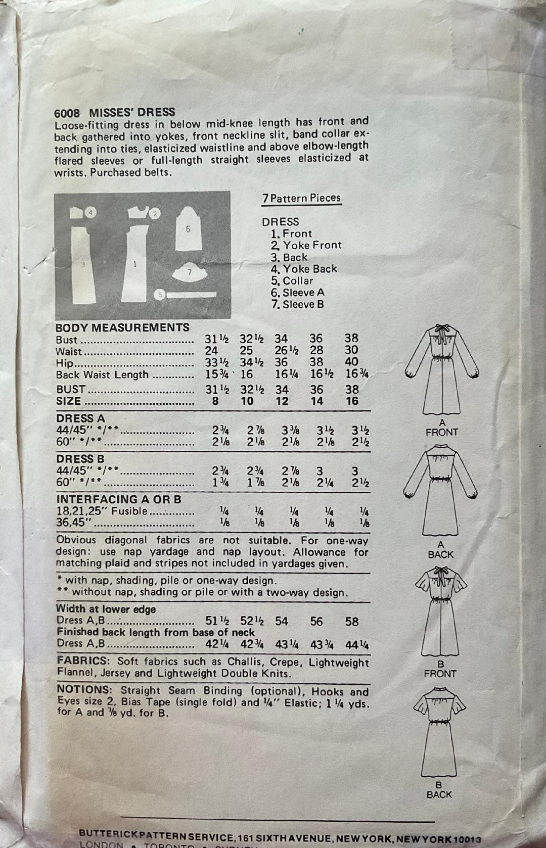 Butterick 6008 Sewing Pattern (Vintage) CUT