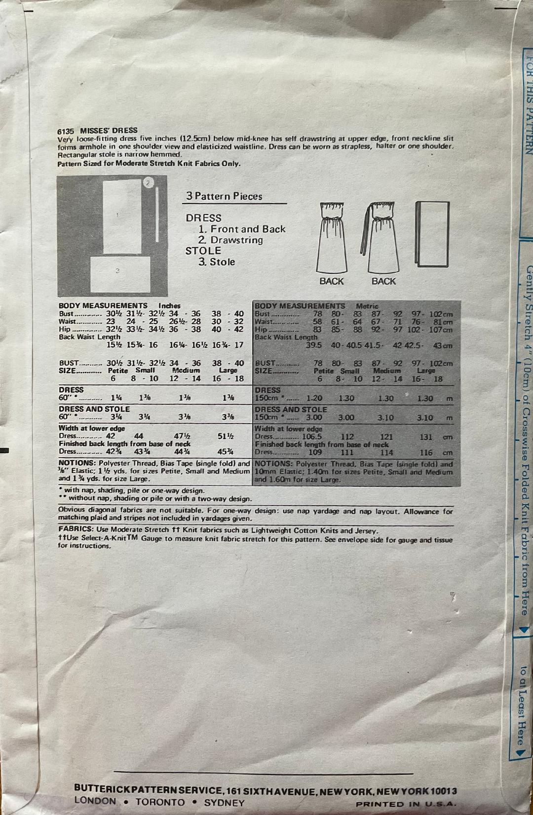 Butterick 6135 Sewing Pattern (Vintage) UNCUT