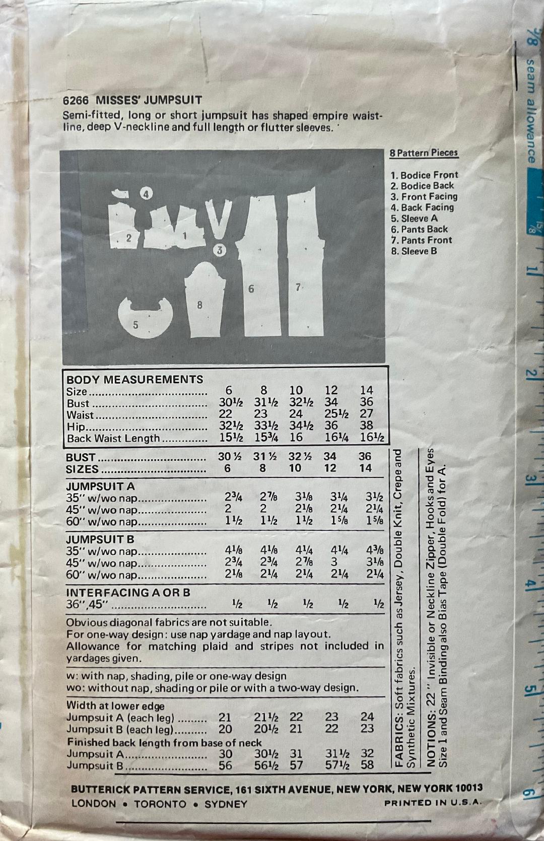 Butterick 6266 Sewing Pattern (Vintage) CUT