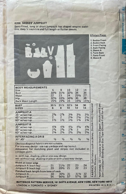 Butterick 6266 Sewing Pattern (Vintage) CUT