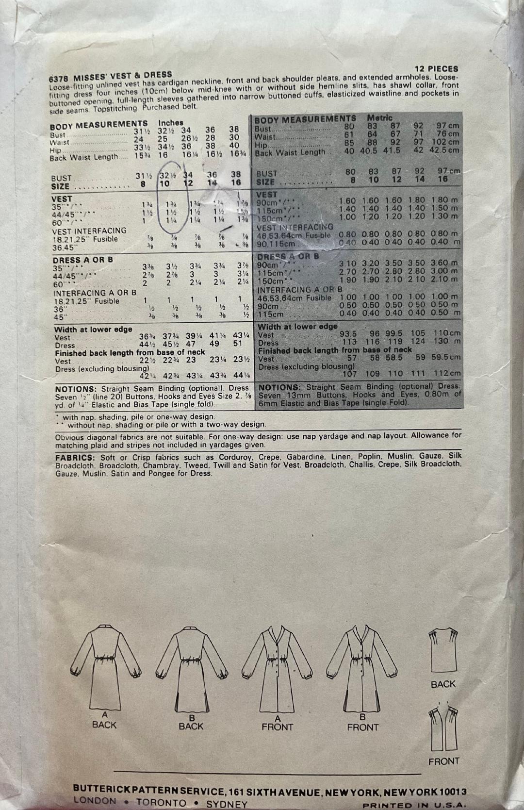 Butterick 6378 Sewing Pattern (Vintage) CUT