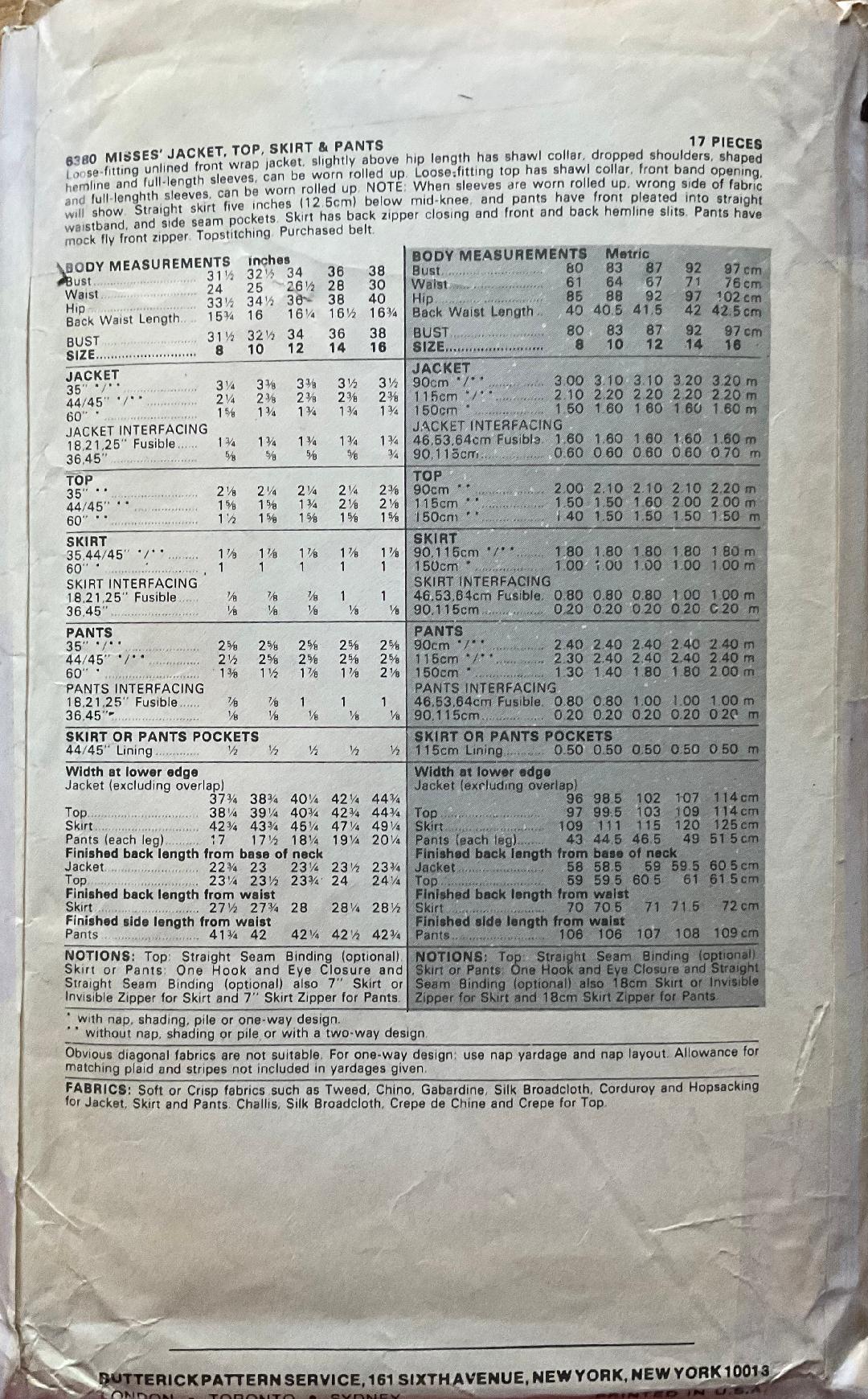 Butterick 6380 Sewing Pattern (Vintage) CUT