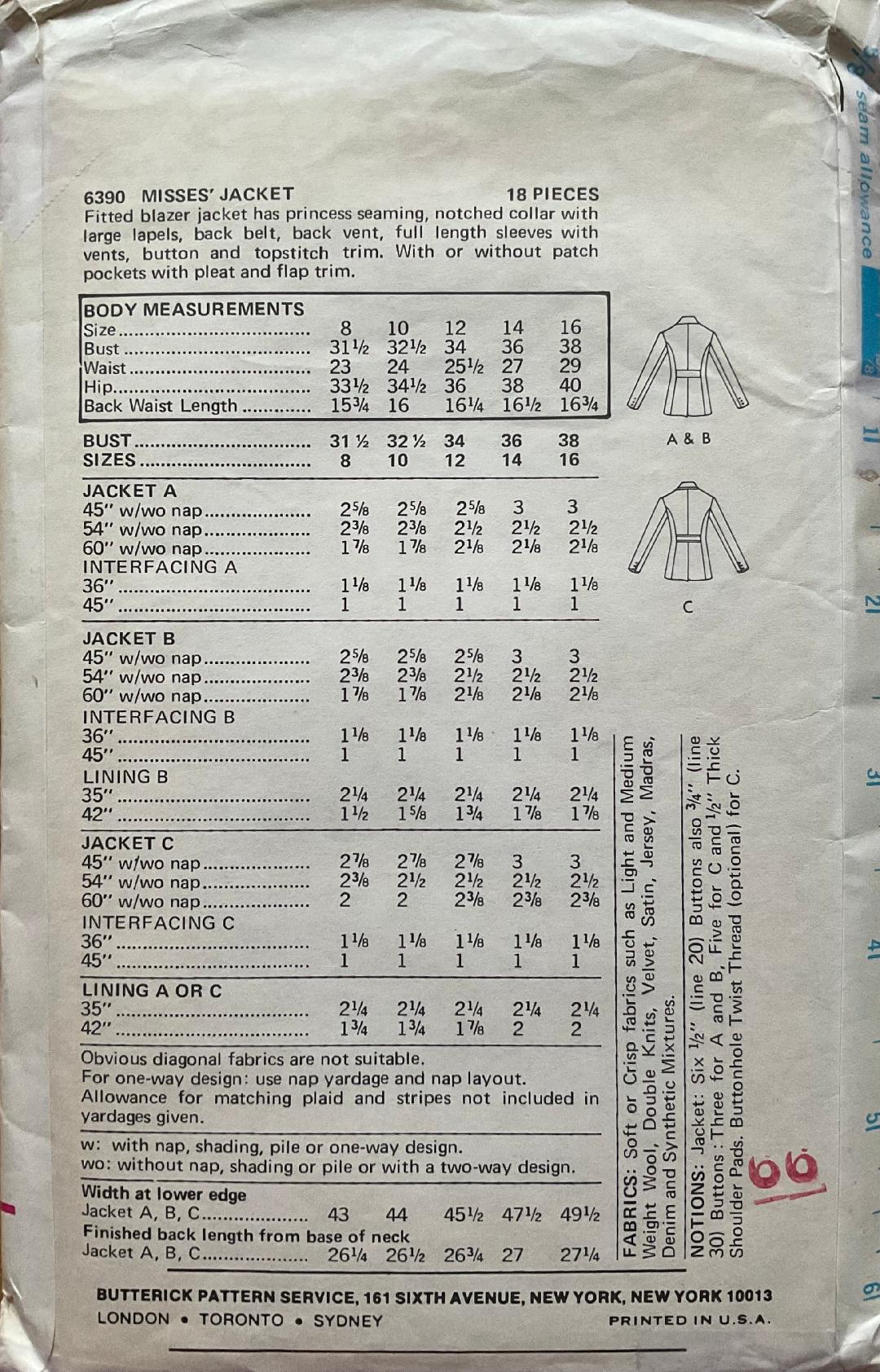 Butterick 6390 Sewing Pattern (Vintage) CUT