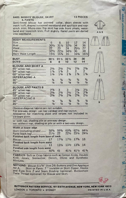 Butterick 6485 Sewing Pattern (Vintage) CUT
