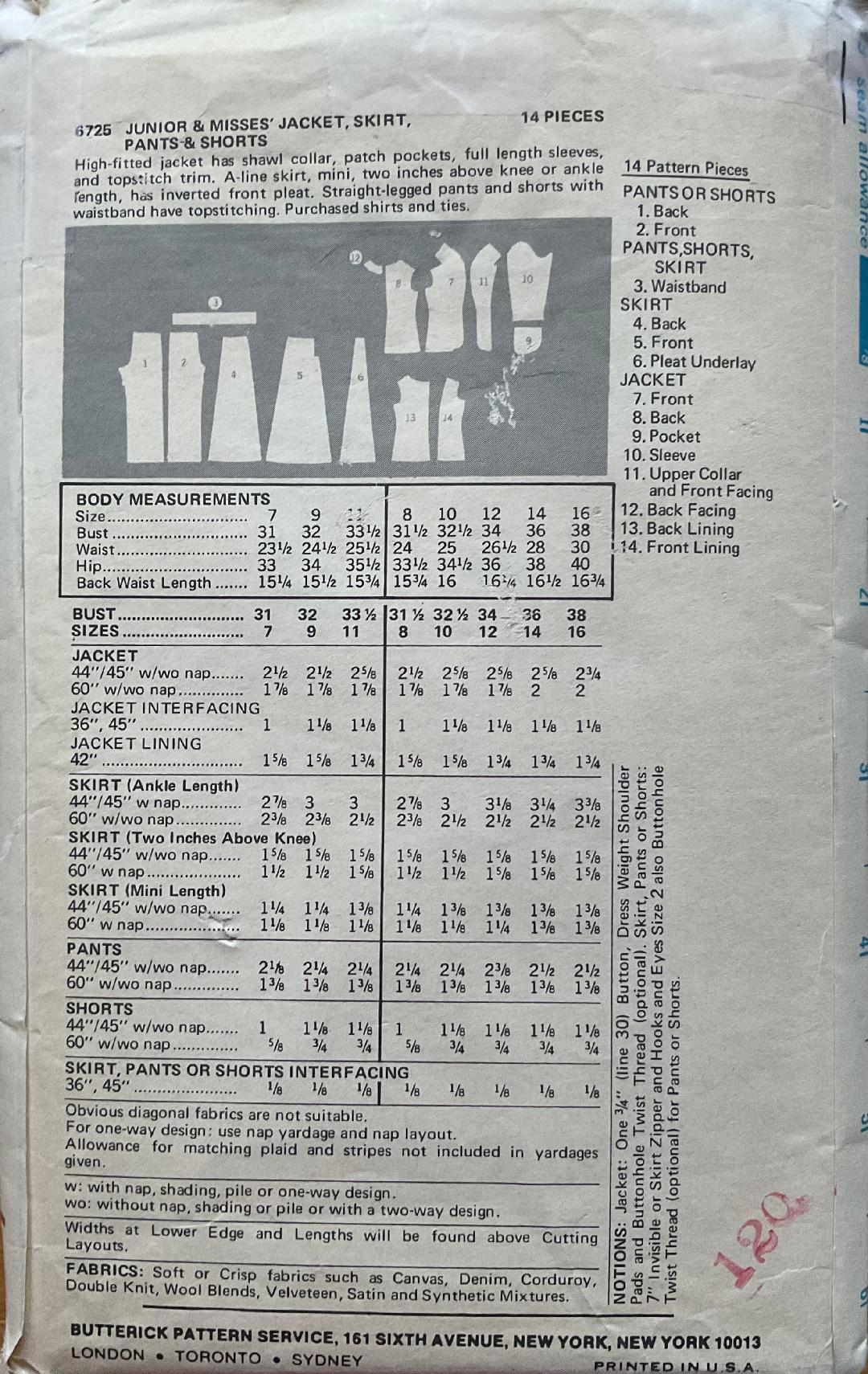 Butterick 6725 Sewing Pattern (Vintage) CUT