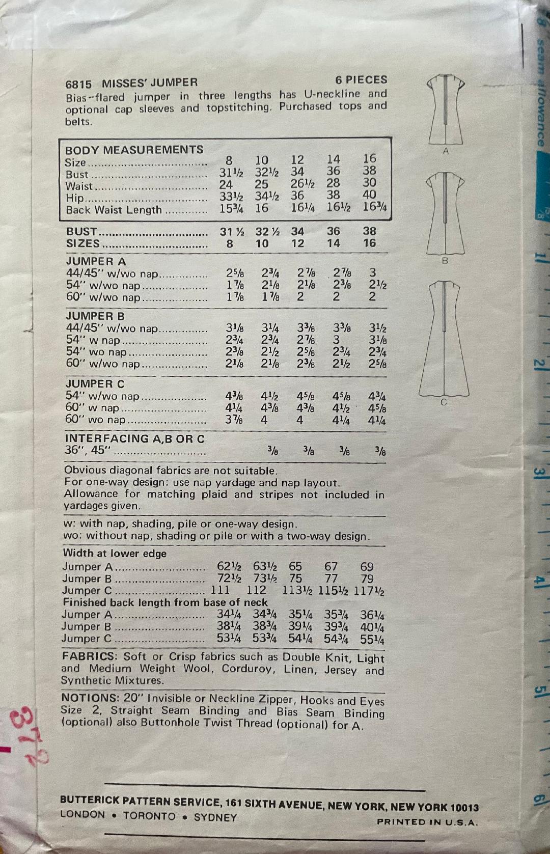 Butterick 6815 Sewing Pattern (Vintage) UNCUT