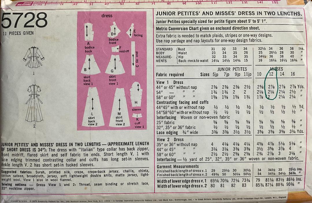 Simplicity 5728 Sewing Pattern (Vintage) CUT