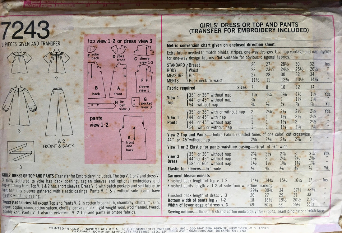 Simplicity 7243 Sewing Pattern (Vintage) CUT