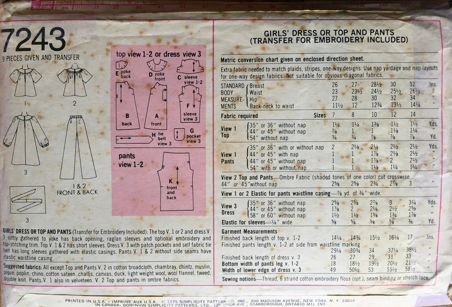 Simplicity 7243 Sewing Pattern (Vintage) CUT