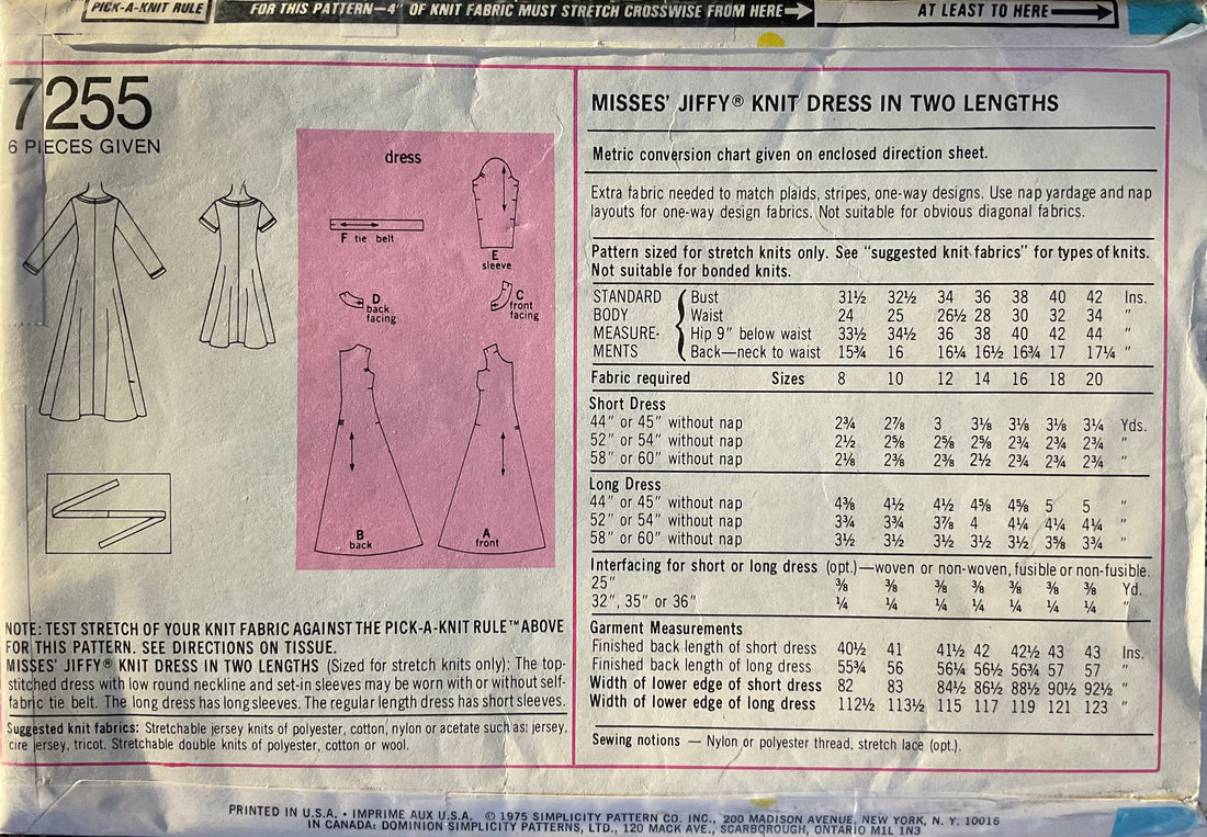 Simplicity 7255 Sewing Pattern (Vintage) UNCUT