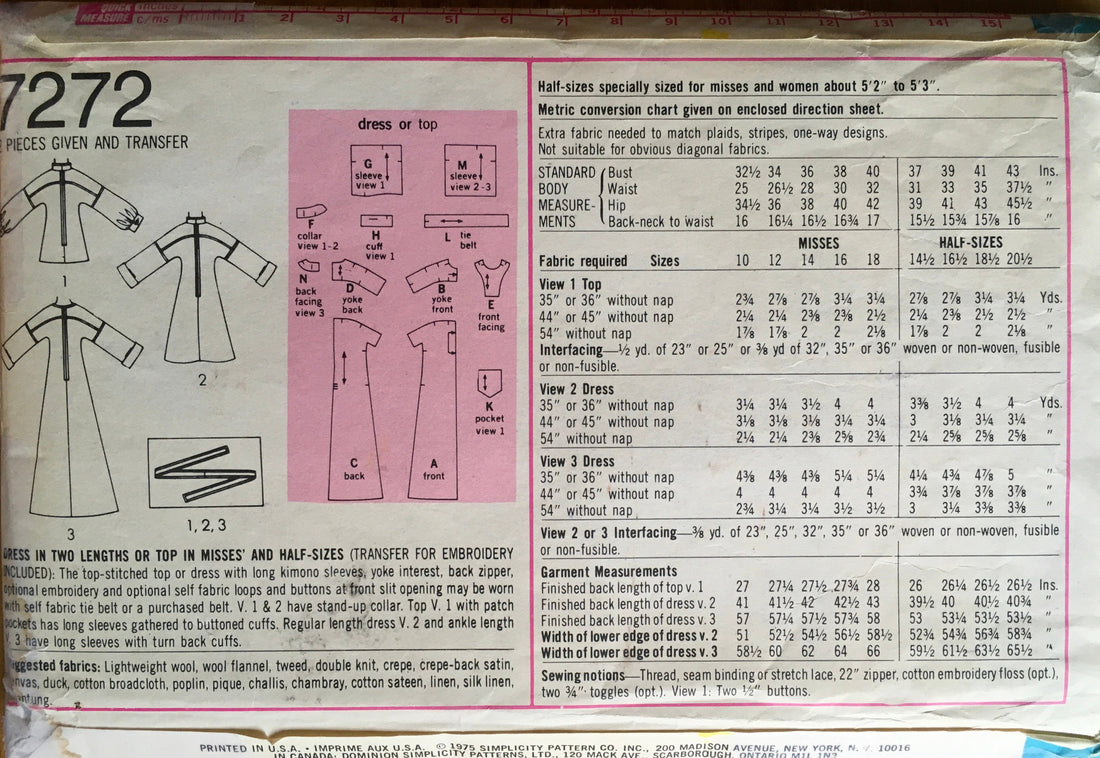 Simplicity 7272 Sewing Pattern (Vintage) CUT