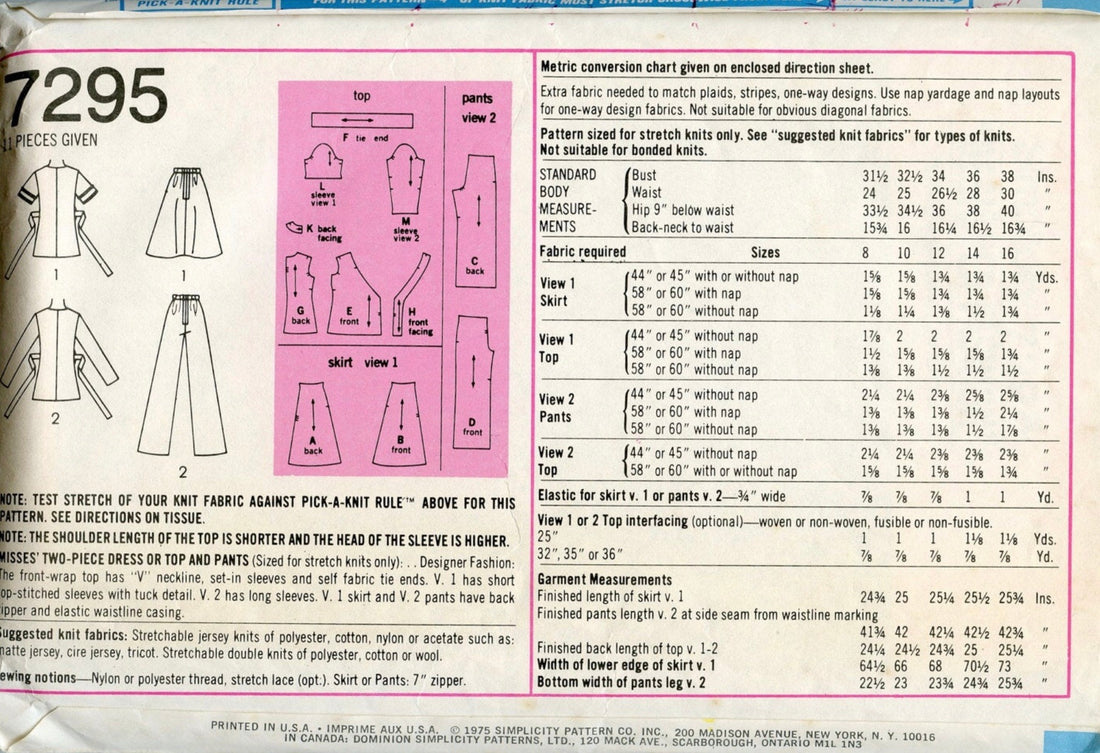 Simplicity 7295 Sewing Pattern (Vintage) UNCUT