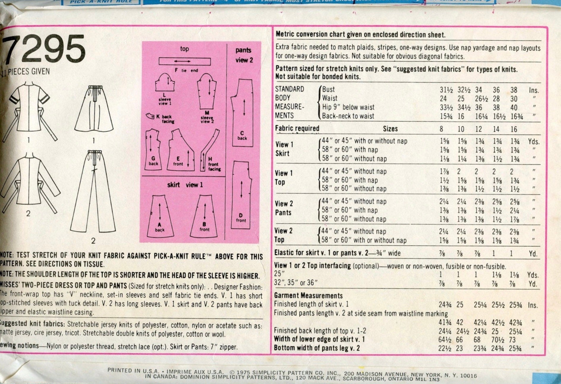 Simplicity 7295 Sewing Pattern (Vintage) UNCUT