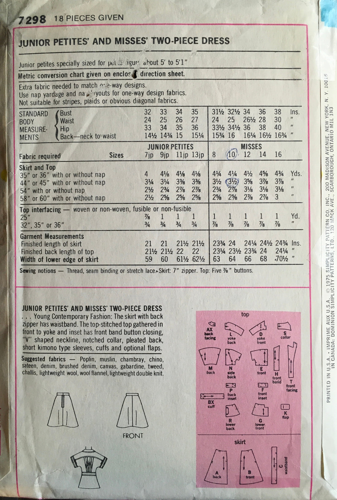Simplicity 7298 Sewing Pattern (Vintage) CUT