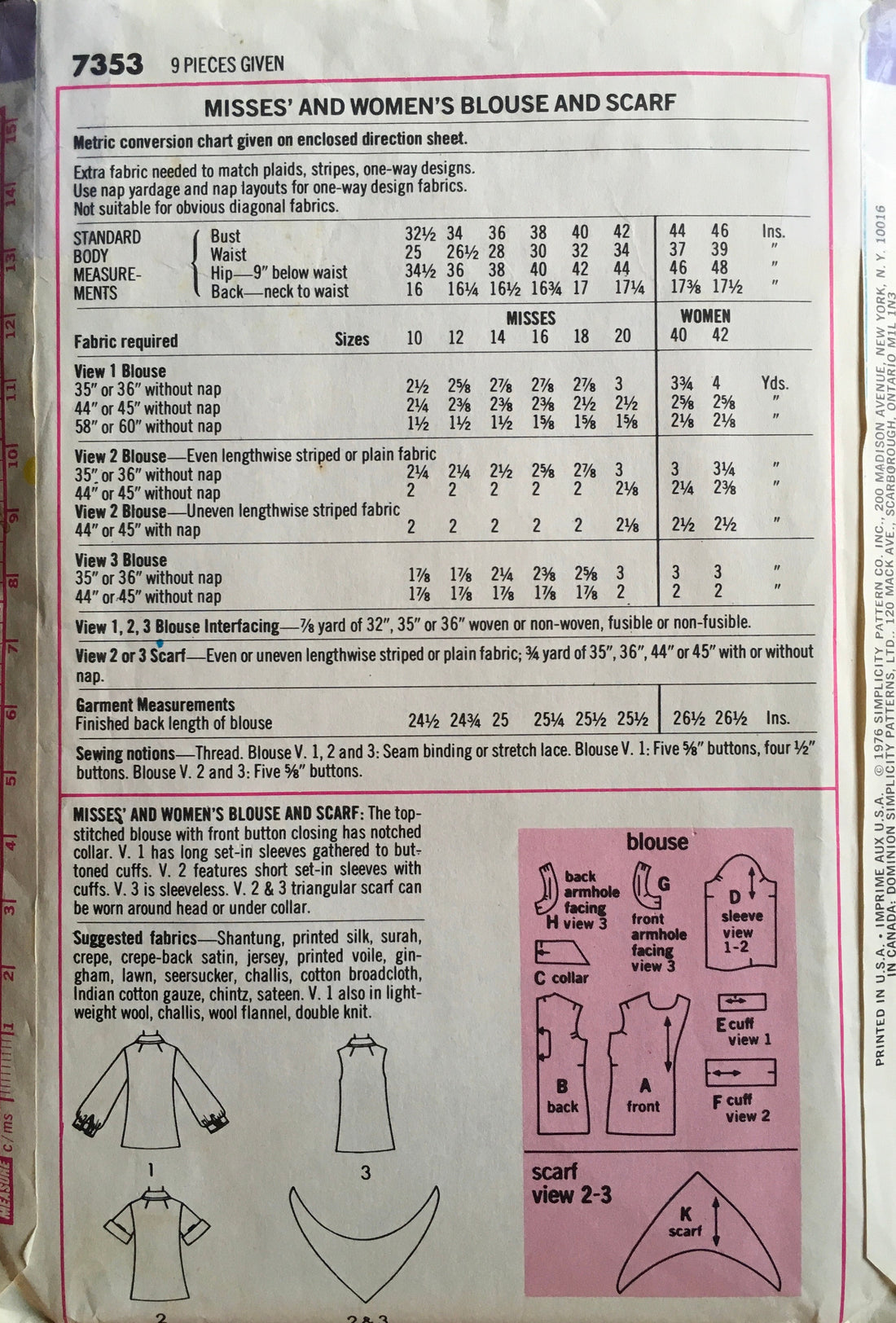 Simplicity 7353 Sewing Pattern (Vintage) CUT
