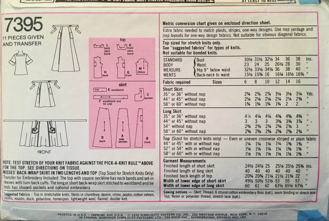 Simplicity 7395 Sewing Pattern (Vintage) UNCUT
