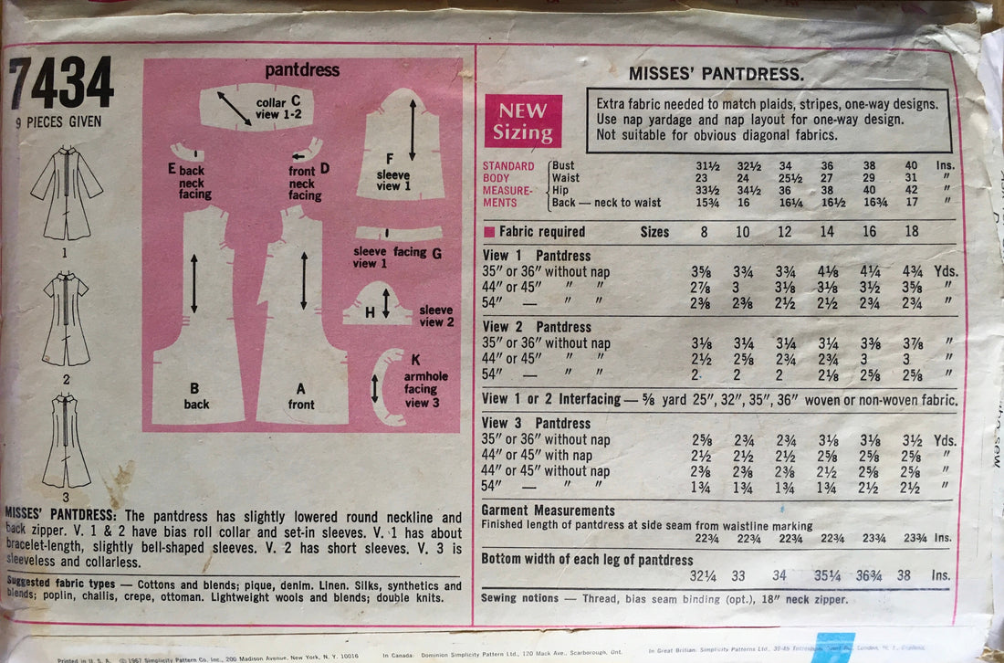 Simplicity 7434 Sewing Pattern (Vintage) CUT