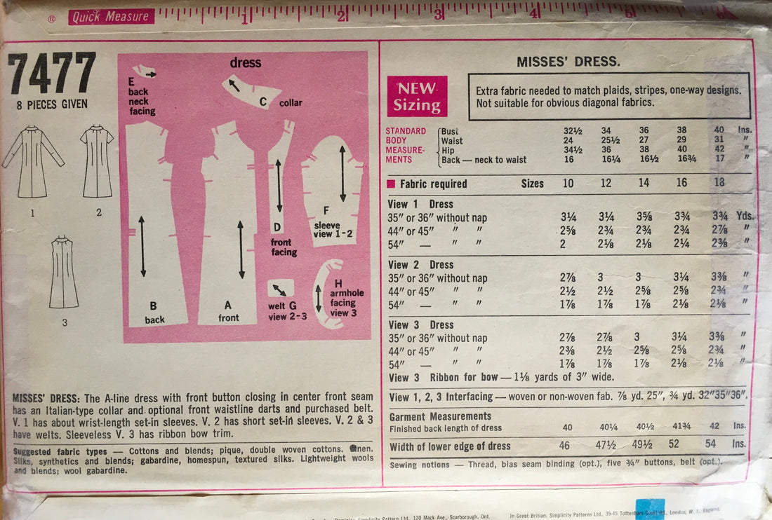 Simplicity 7477 Sewing Pattern (Vintage) CUT