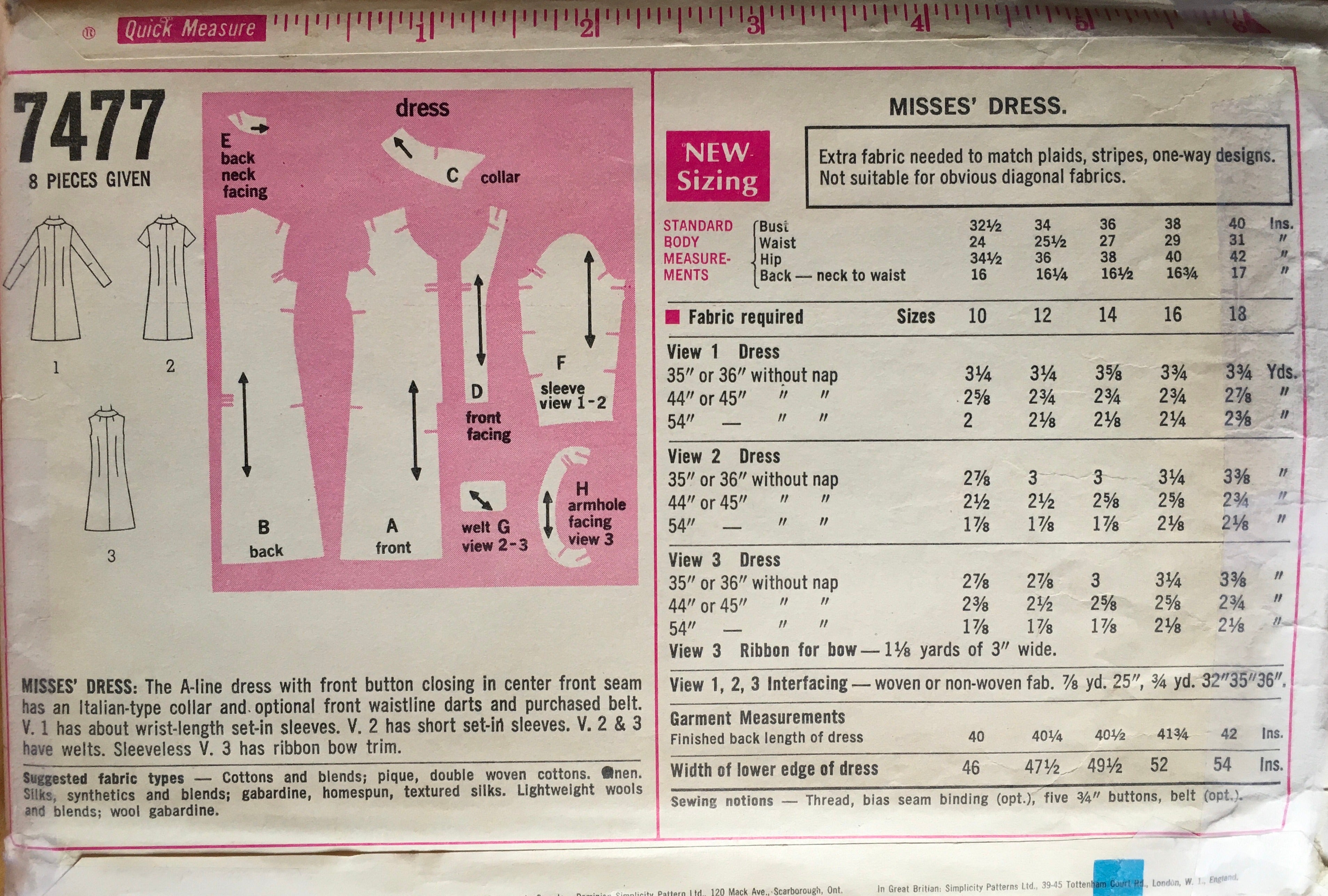Simplicity 7477 Sewing Pattern (Vintage) CUT