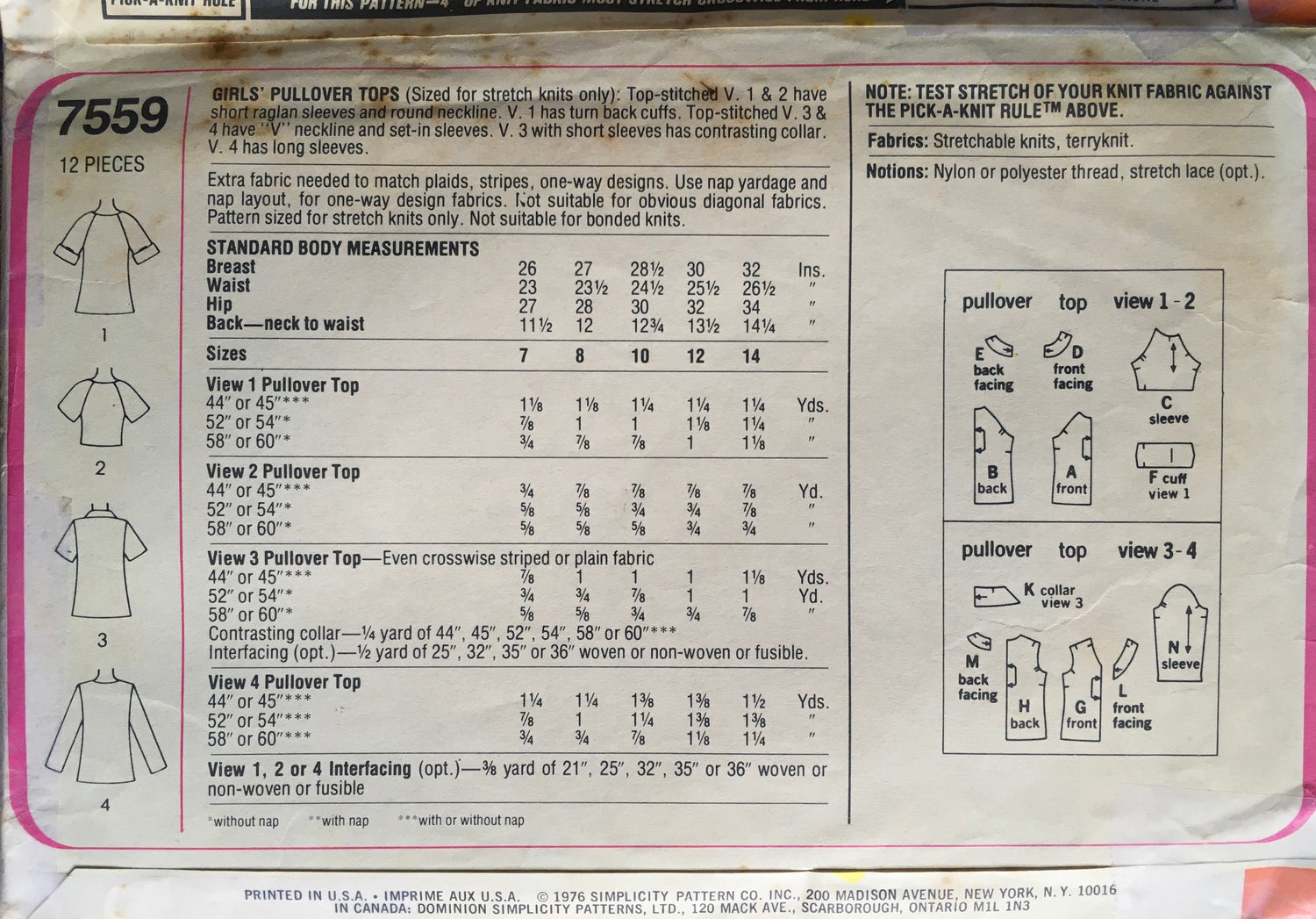 Simplicity 7559 Sewing Pattern (Vintage) CUT