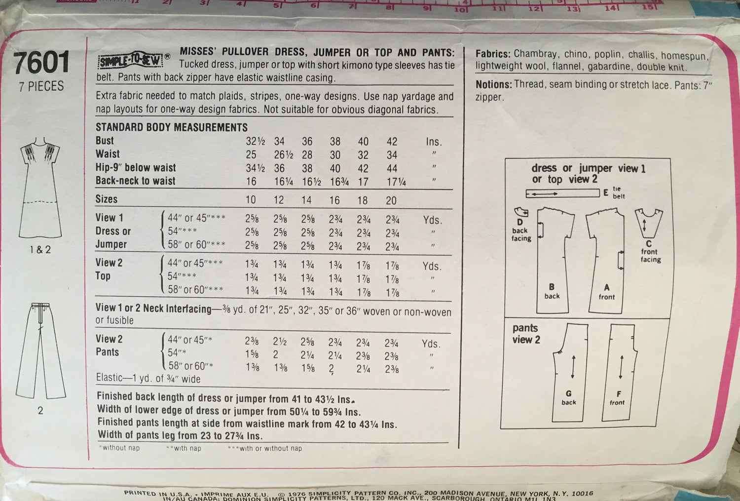 Simplicity 7601 Sewing Pattern (Vintage) CUT