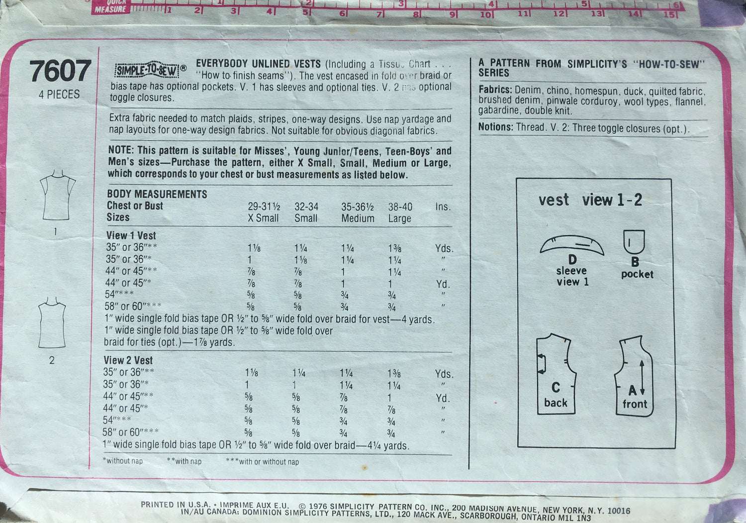 Simplicity 7607 Sewing Pattern (Vintage) CUT