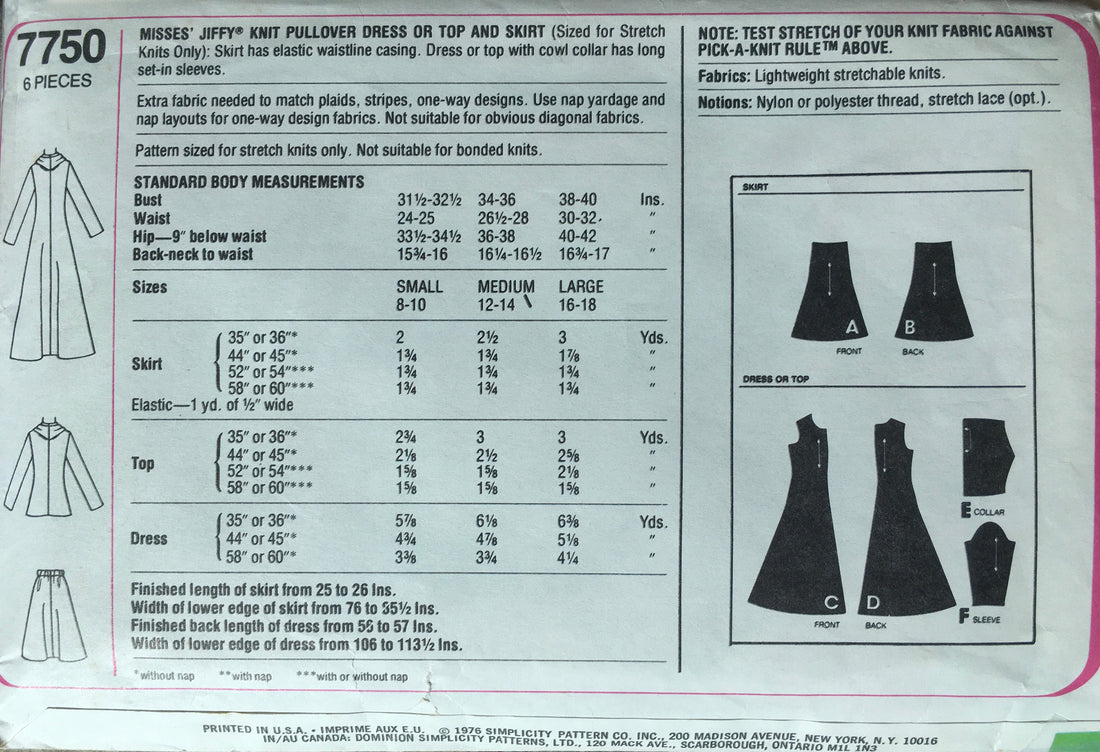Simplicity 7750 Sewing Pattern (Vintage) CUT