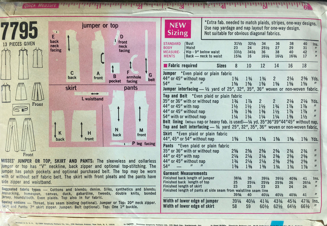 Simplicity 7795 Sewing Pattern (Vintage) UNCUT/CUT