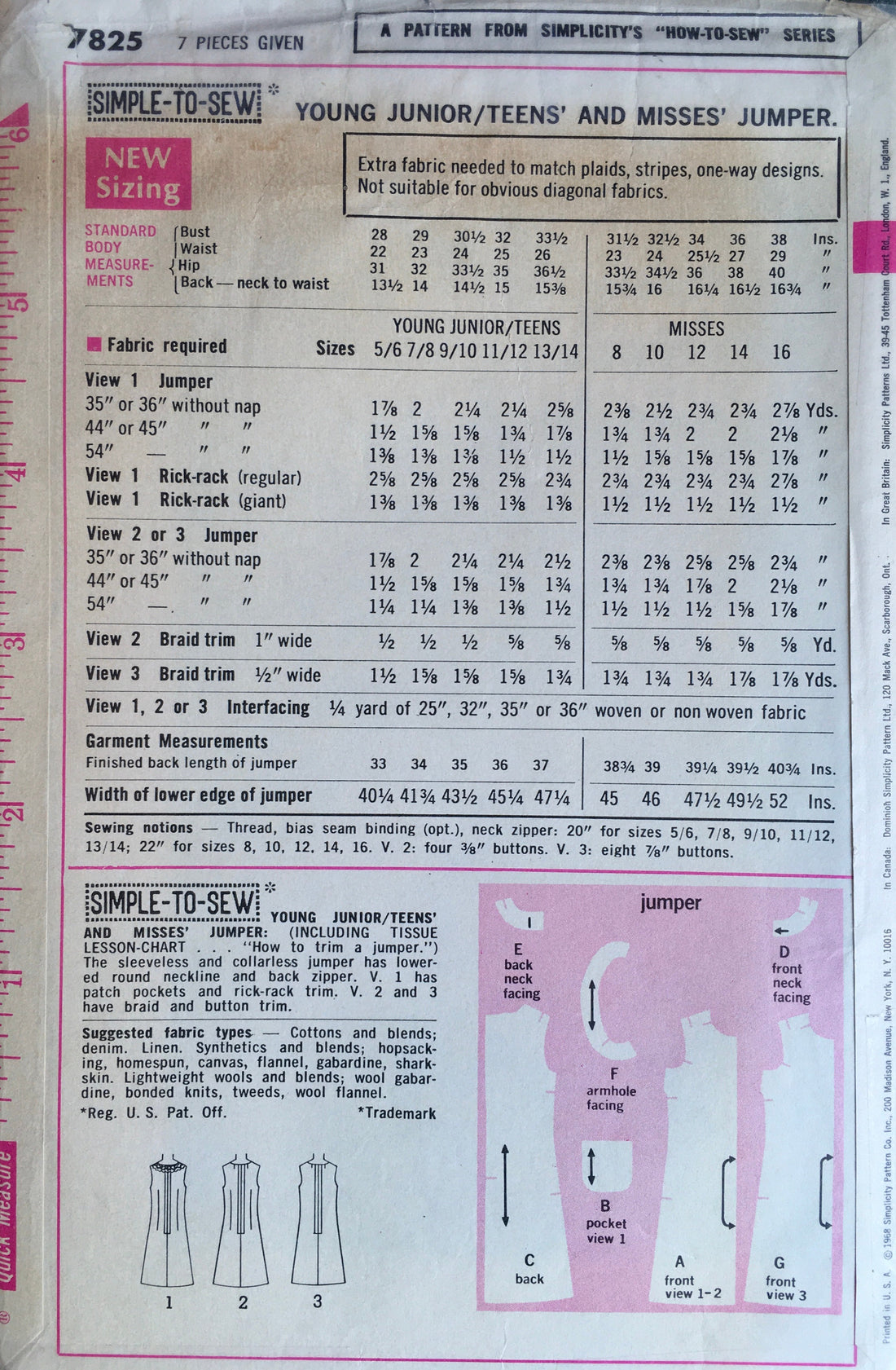 Simplicity 7825 Sewing Pattern (Vintage) UNCUT