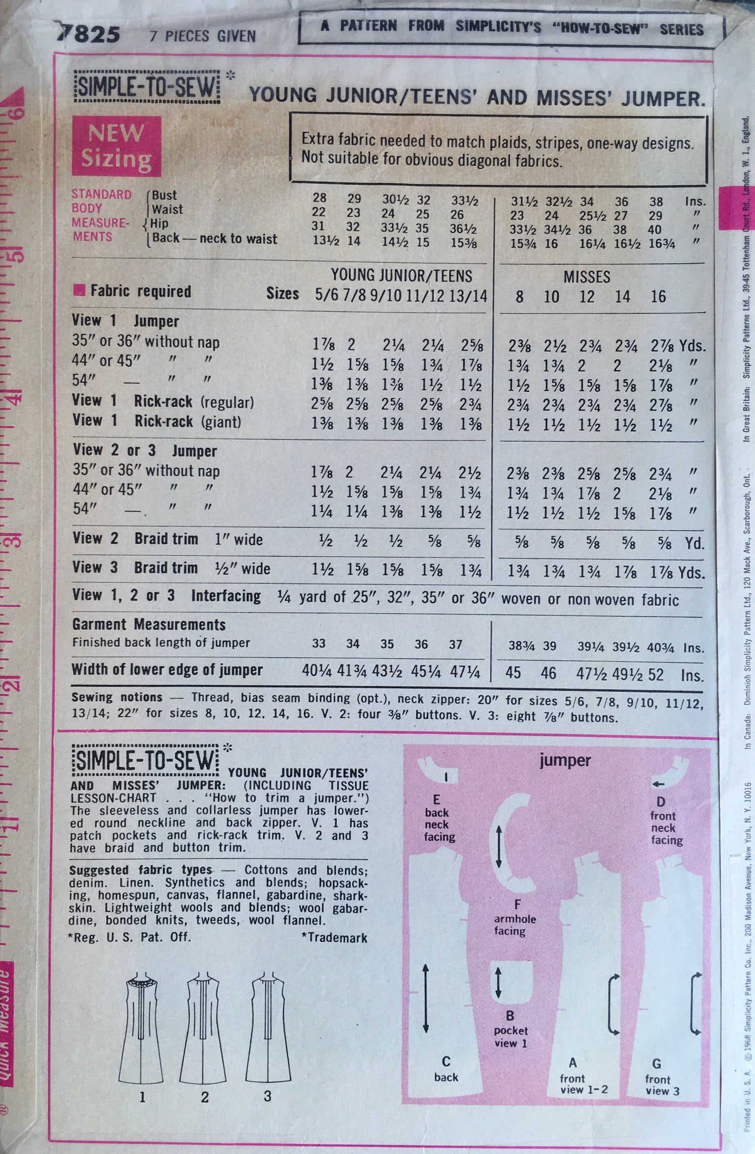 Simplicity 7825 Sewing Pattern (Vintage) UNCUT