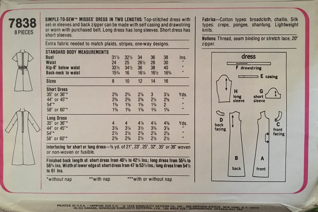 Simplicity 7838 Sewing Pattern (Vintage) UNCUT/CUT