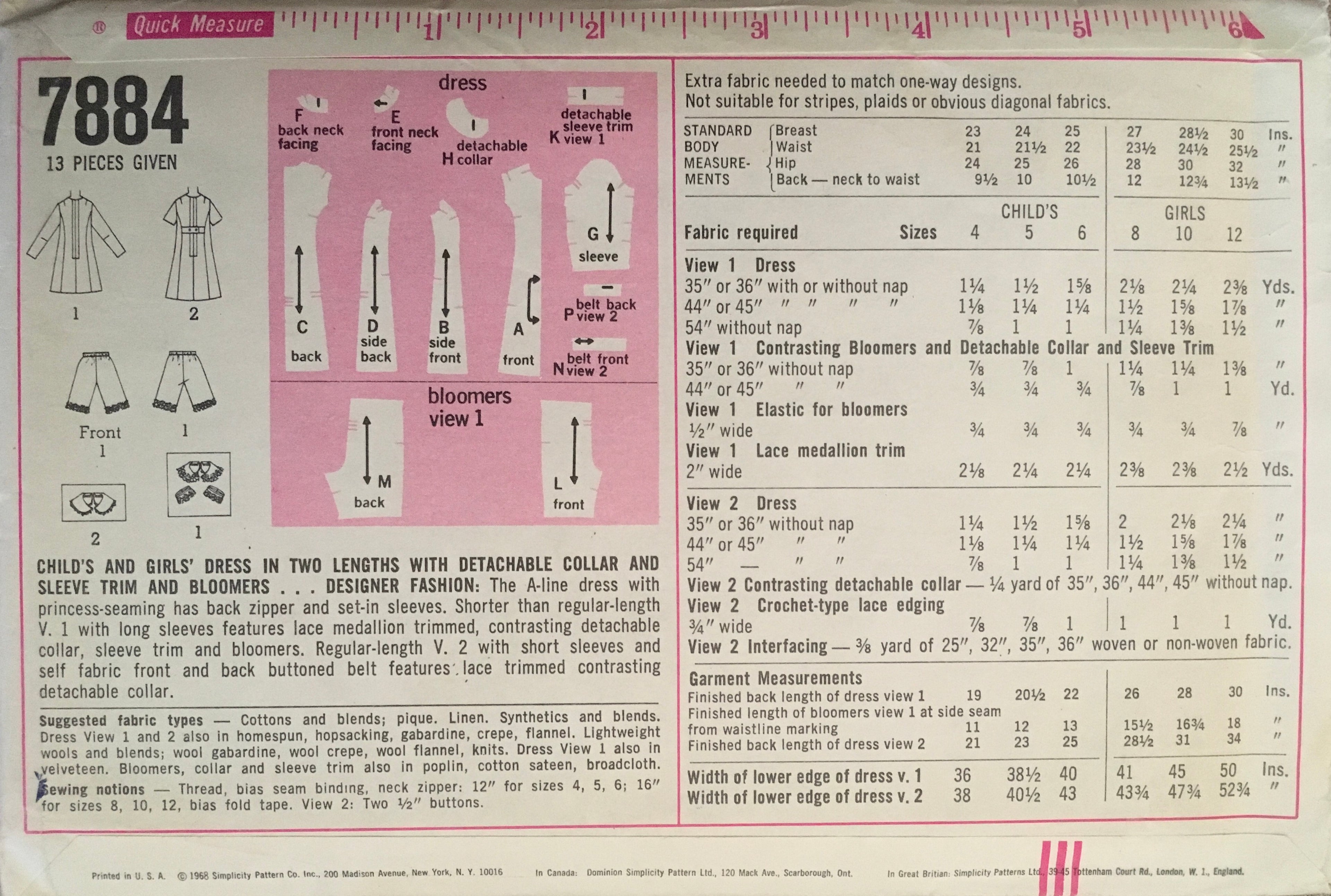 Simplicity 7884 Sewing Pattern (Vintage) CUT