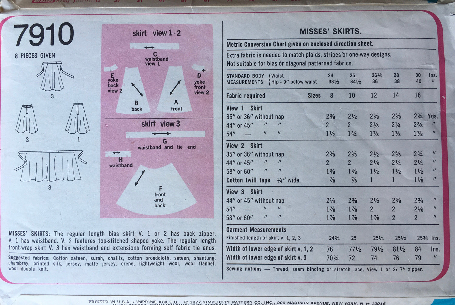 Simplicity 7910 Sewing Pattern (Vintage) CUT