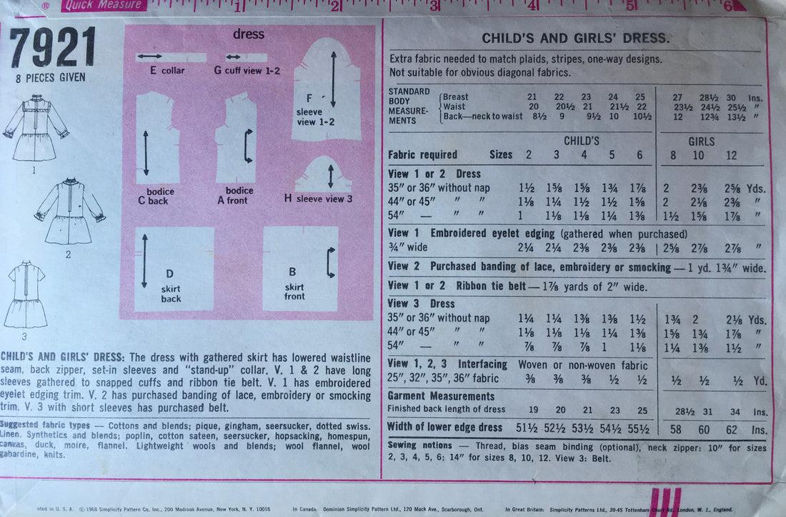 Simplicity 7921 Sewing Pattern (Vintage) CUT