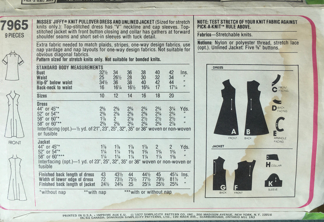 Simplicity 7965 Sewing Pattern (Vintage) CUT