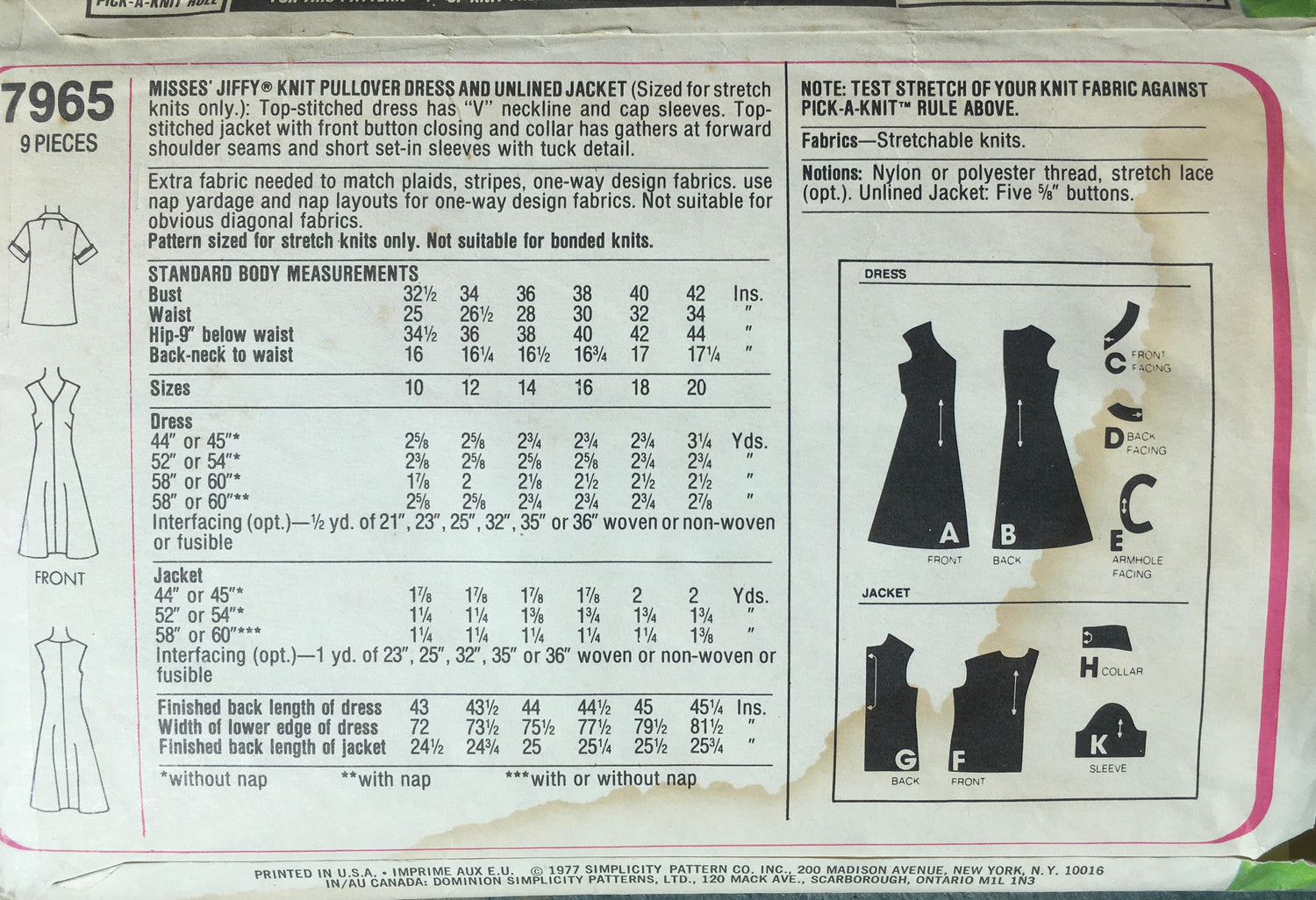 Simplicity 7965 Sewing Pattern (Vintage) CUT