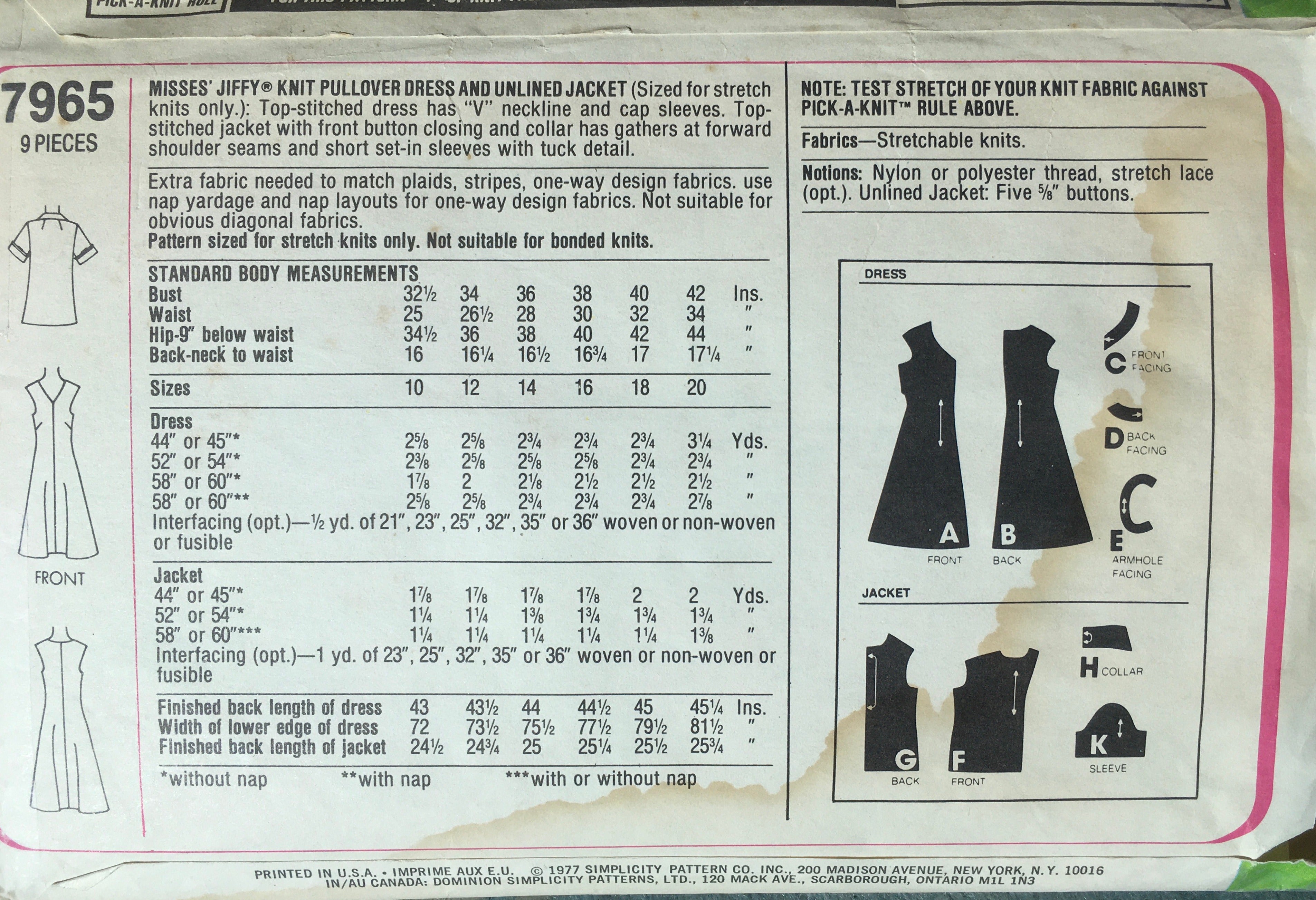 Simplicity 7965 Sewing Pattern (Vintage) CUT