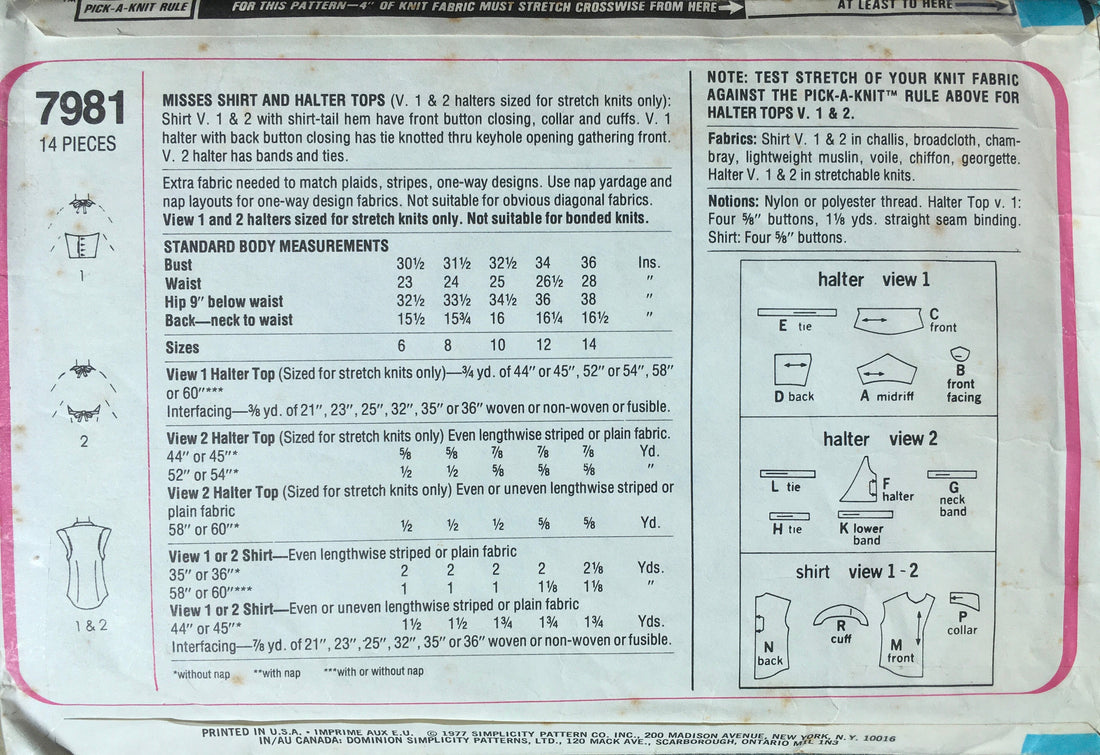 Simplicity 7981 Sewing Pattern (Vintage) CUT