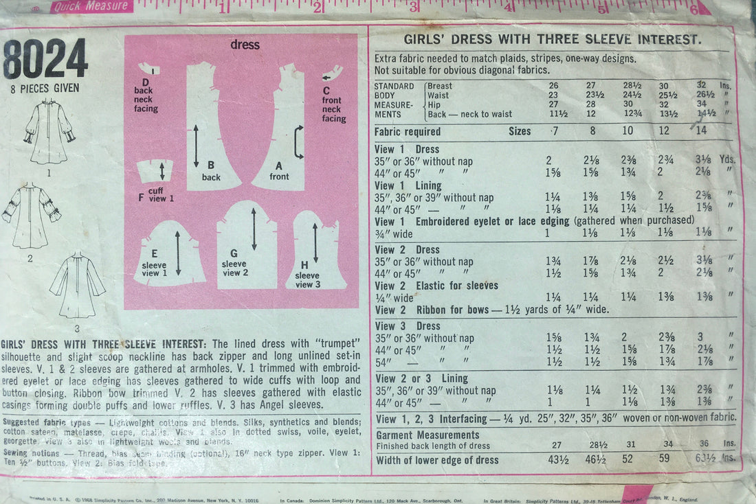 Simplicity 8024 Sewing Pattern (Vintage) CUT